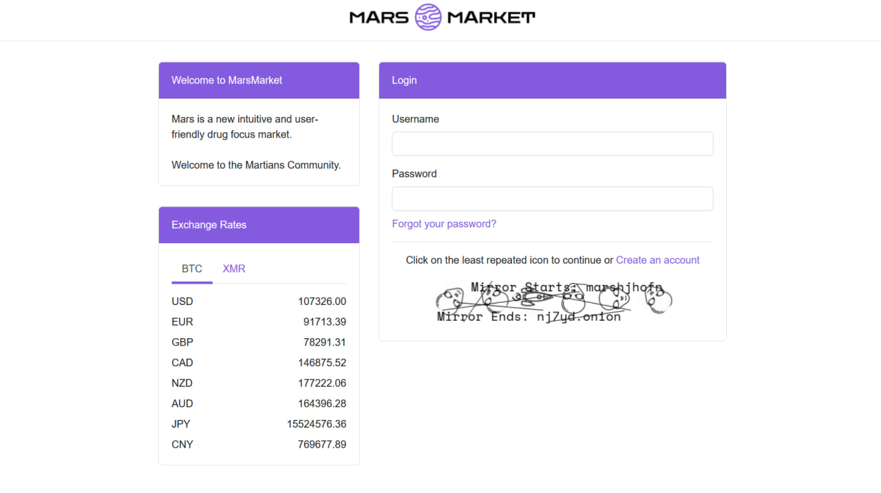 MarsMarket login interface with Tor access, encrypted authentication, and darknet security features